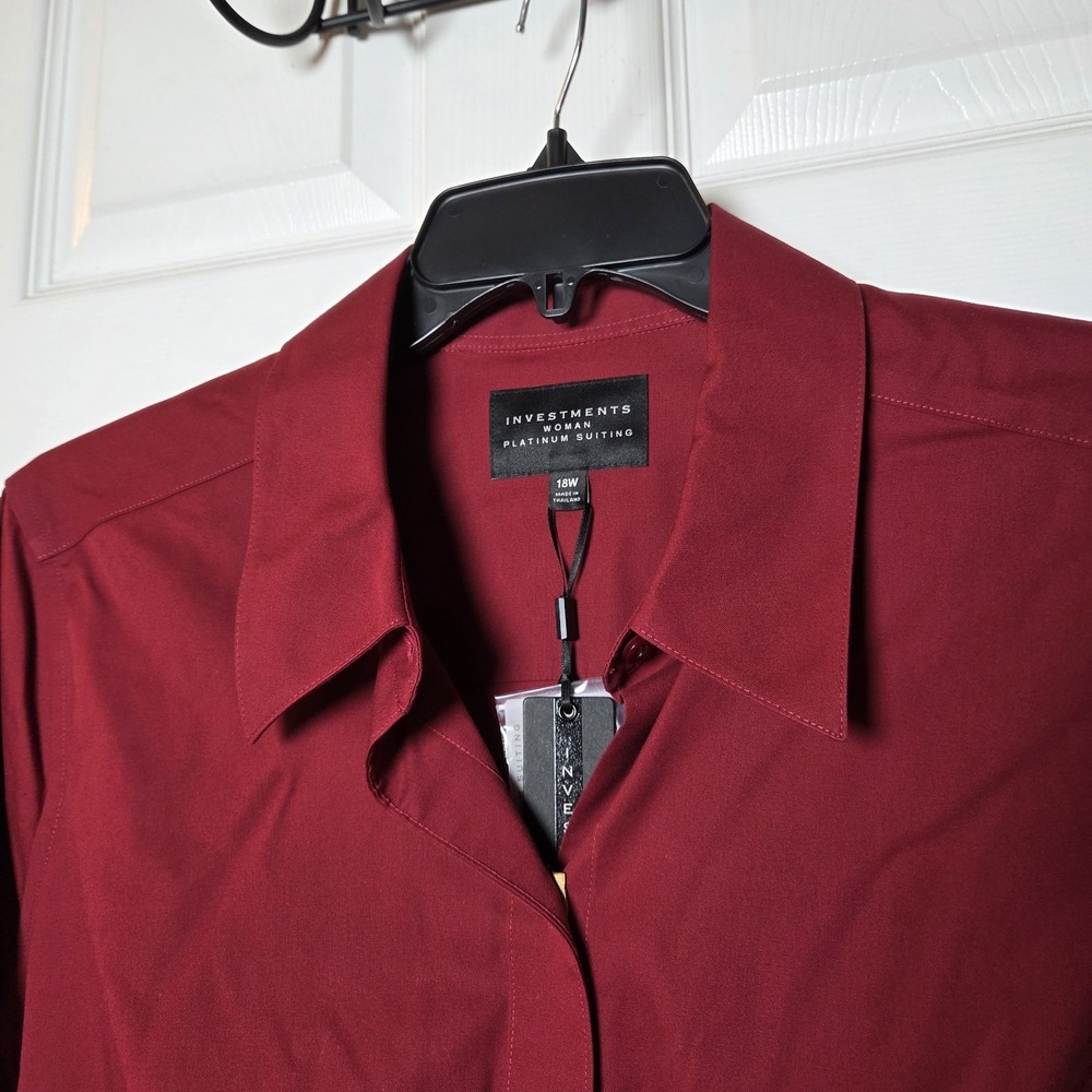Investments sz 18W burgundy button up shirt NWT casual career basic cotton/spndx - Picture 2 of 14